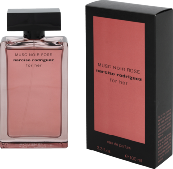 Perfumy Narciso Rodriguez Musc Noir Rose, różowy flakon obok czarnego pudełka z różowym panelem.