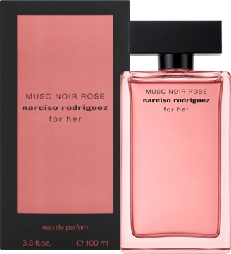 Woda perfumowana Narciso Rodriguez Musc Noir Rose: różowy flakon i czarne pudełko z różową wstawką, widok z przodu.