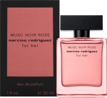 Czarny box z różowym panelem i różowy flakon perfum Narciso Rodriguez Musc Noir Rose For Her, widok z przodu.