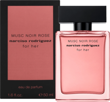 Perfuma Narciso Rodriguez Musc Noir Rose For Her, flakon i czarne opakowanie z różowym panelem, widok z przodu.