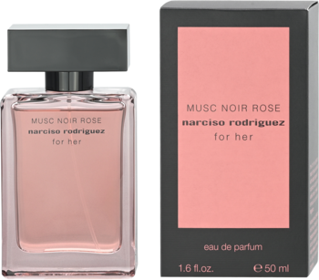 Musc Noir Rose For Her Narciso Rodriguez eau de parfum; różowa butelka i czarno-różowe pudełko, widok z przodu.