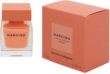 Narciso Eau de Parfum Ambrée: przezroczysta butelka z pomarańczowym płynem i pasujące pudełko, widok z przodu.