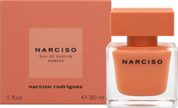 Narciso Eau de Parfum Ambrée, pomarańczowo-bursztynowa butelka perfum obok pudełka na jasnym tle, widok z przodu.