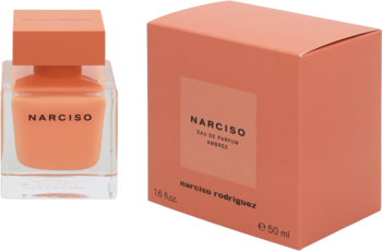 Narciso Eau de Parfum Ambrée: szklana butelka z pomarańczowym płynem i pasujące pudełko, ujęcie z przodu.