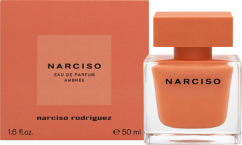 Pomarańczowa woda perfumowana Narciso Ambrée 50ml dla kobiet, w szklanej butelce i pudełku, widok z przodu.