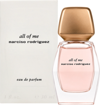 All of me Narciso Rodriguez eau de parfum. Heksagonalny różowy flakon ze złotą nakrętką i białe opakowanie. Widok z przodu.