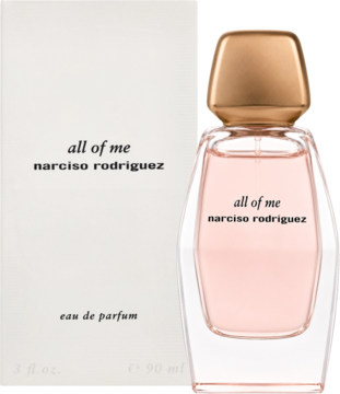 All Of Me Narciso Rodriguez, geometryczna butelka EDP z różowym płynem, złoty korek i białe pudełko.