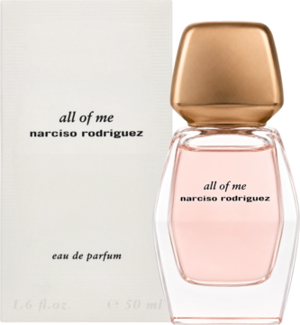 All Of Me Narciso Rodriguez, kwiatowo-piżmowa woda perfumowana, butelka z różowym płynem, złotą nakrętką i białe pudełko, widok z przodu.