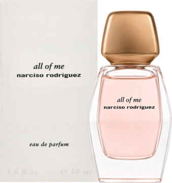 Narciso Rodriguez All Of Me damska woda perfumowana w szklanej butelce z jasnoróżowym płynem i złotą nakrętką, obok białe pudełko.