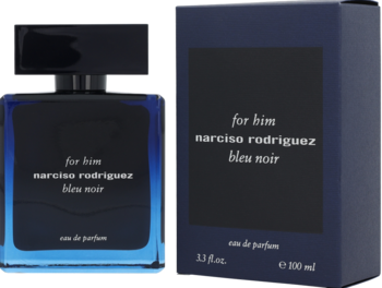 Narciso Rodriguez Bleu Noir EDP, elegancka butelka z gradientem i pudełko w ciemnym granacie, obok siebie na białym tle.