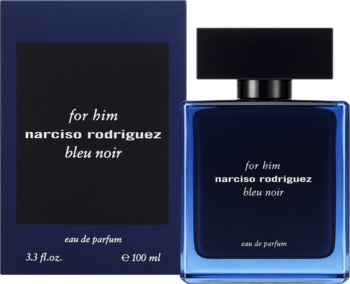 Narciso Rodriguez for Him Bleu Noir 100ml EDP, niebieska butelka i czarne pudełko obok siebie.