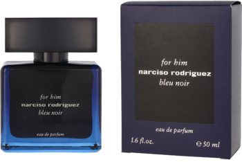 Męska woda perfumowana Narciso Rodriguez Bleu Noir, flakon i pudełko na czarnym tle, widok z przodu.