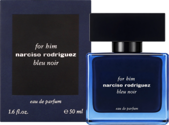Narciso Rodriguez for Him Bleu Noir EDP 50ml, granatowa butelka z czarnym korkiem i pasujące pudełko. Widok z przodu.