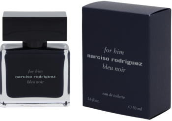 Kwadratowa butelka i kartonik Narciso Rodriguez Bleu Noir EdT, granatowe, z białym napisem, widok z przodu.