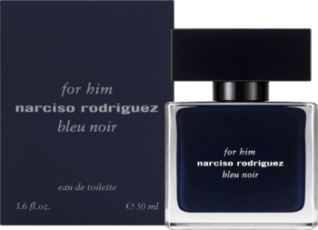 Narciso Rodriguez for Him Bleu Noir męska woda toaletowa, ciemnoniebieska butelka i pudełko, widok z przodu.