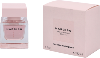 Perfumy Narciso Rodriguez Cristal EDP: przezroczysty flakon z różowym płynem i pudełko 30 ml, widok pod kątem.
