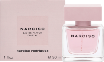 Narciso Rodriguez Cristal EDP, różowa butelka 30ml obok pudełka. Przejrzyste szkło, różowy płyn i nakrętka.