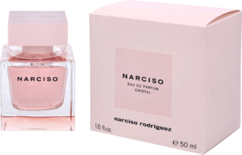Narciso Rodriguez Cristal EDP: elegancki, różowy flakon perfum obok pasującego, kwadratowego pudełka.