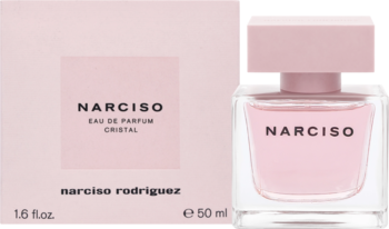 Narciso Cristal EDP, różowy flakon i pudełko. Przejrzysta butelka z różowym płynem, widok pod kątem.