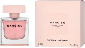 Narciso Cristal EDP 90 ml: różowa, przezroczysta butelka z płynem obok dopasowanego pudełka. Widok z przodu.
