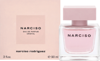 Narciso Rodriguez Cristal EDP 90ml, jasnoróżowe pudełko i przezroczysta butelka z różowym płynem, widok z przodu.