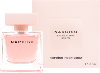 Przezroczysty różowy flakon Narciso Rodriguez Cristal EDP 90 ml z kwadratową nakrętką, stoi przed pasującym pudełkiem.