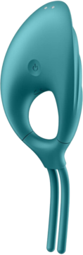 Turkusowy wibrator Satisfyer Swordsman z ergonomicznym kształtem i przyciskiem zasilania, na białym tle.