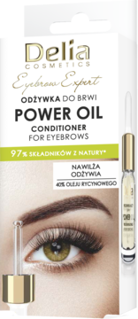 Delia Power Oil, odżywka do brwi w białym opakowaniu z zielonym paskiem, widok oka i pipety z przodu.
