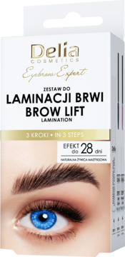 Białe opakowanie Delia Cosmetics Brow Lift zestaw do laminacji brwi, oko, 3 kroki, efekt do 28 dni.