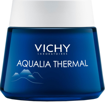 Nawilżający krem na noc Vichy Aqualia Thermal w granatowym, szklanym słoiku z białym wieczkiem, widok z przodu.