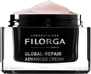 Anti-aging krem Filorga Global-Repair Advanced w czarnym szklanym słoiku, widok od góry z widocznym różowym kremem.