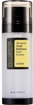 Cosrx Advanced Snail Radiance Dual Essence w biało-czarnej butelce 80ml, widok z przodu, z żółtą etykietą.