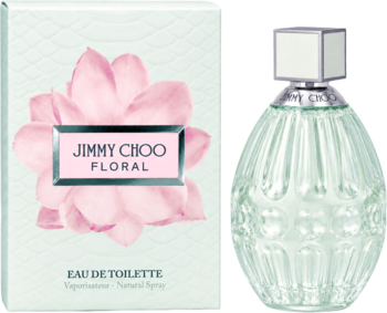 Jimmy Choo Floral, zielone pudełko z różowym kwiatem i butelka fasetowanych perfum EDT, widok z przodu.