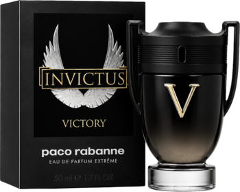 Paco Rabanne Invictus Victory, woda perfumowana dla mężczyzn, czarno-złota butelka-trofeum i pudełko na zdjęciu.