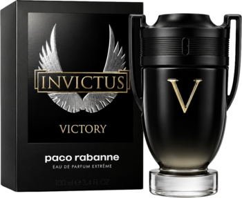Paco Rabanne Invictus Victory męska woda perfumowana, czarna butelka w kształcie trofeum ze złotym V, obok pudełka.