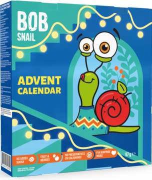 Bob Snail Kalendarz Adwentowy: zielone pudełko, kreskówkowy ślimak z jabłkiem, owocowe przekąski, widok z przodu.
