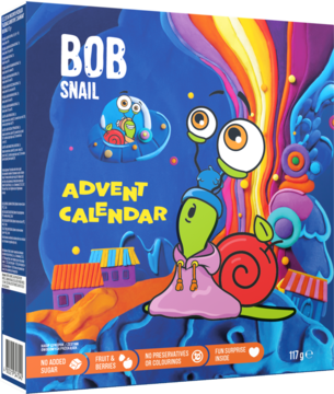 Bob Snail Kalendarz Adwentowy, niebieskie pudełko z kreskówkowym ślimakiem, owocowe przekąski bez cukru.