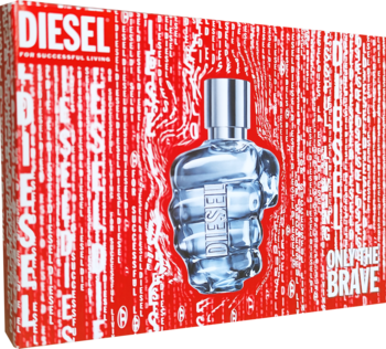 Diesel Only the Brave męski zestaw: czerwone pudełko z butelką wody toaletowej w kształcie srebrnej pięści, widok z przodu.