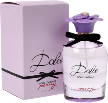 Dolce & Gabbana Dolce Peony EDP, butelka z fioletowym kwiatem i jasnofioletowe pudełko, widok pod kątem.