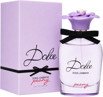 Perfumy Dolce & Gabbana Peony EDP w jasnofioletowym pudełku i flakonie z fioletową nakrętką-kwiatem i czarną kokardą.