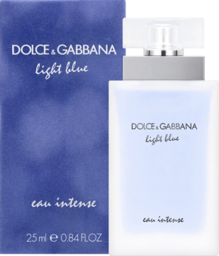 Błękitna butelka i pudełko Dolce & Gabbana Light Blue Eau Intense, perfumy damskie o świeżym zapachu, widok z przodu.