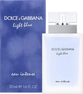 Dolce & Gabbana Light Blue Eau Intense 50ml: matowa butelka i teksturowane pudełko w kolorze błękitu.