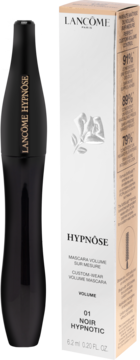 Czarny tusz Lancôme Hypnôse 01 Noir Hypnotic, custom-wear volume, z białym pudełkiem, widok z przodu.