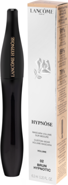 Błyszczący brązowy tusz Lancôme Hypnôse ze złotym napisem i białe pudełko 02 Brun Hypnotic obok.