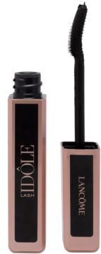 Tusz Lancôme Idôle Lash, otwarty, z prostokątną brązową tubką i czarną, zakrzywioną szczoteczką.