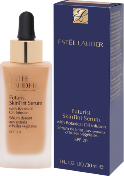 Estée Lauder Futurist Skin Tint Serum w beżowej butelce z kroplomierzem i granatowym pudełkiem, widok z przodu, SPF 20.