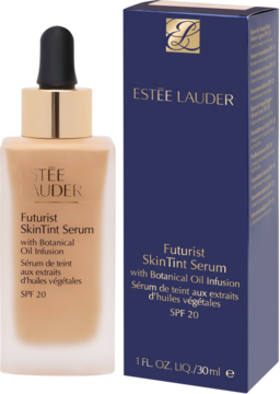 Estée Lauder Futurist Skin Tint Serum 3N2 Wheat, lekki podkład w matowej butelce z kroplomierzem, obok pudełka. SPF 20.