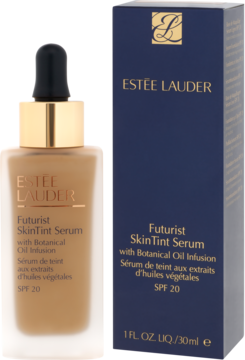 Estée Lauder Futurist SkinTint Serum SPF 20 z Botanical Oil, brązowa butelka i granatowe pudełko, widok z przodu.