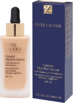 Estée Lauder Futurist SkinTint Serum SPF 20 w beżowej butelce z zakraplaczem i granatowe pudełko, widok z przodu.