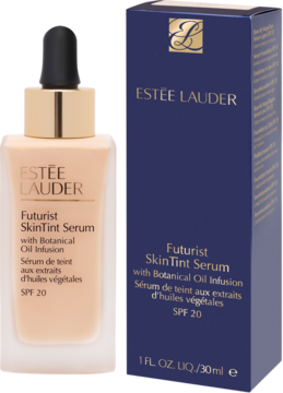 Estée Lauder Futurist SkinTint Serum SPF 20, lekki podkład w beżowej butelce z pipetą, obok granatowe pudełko.
